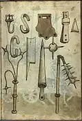 Las armas representadas en este manuscrito de Hans Talhoffer podrían ser o mayales de armas o manguales. Siglo XV.