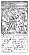 Das Heilige Sacrament wird / in einem gehaitzten Bachoffen geschossen, / bleibt doch mehr= / mall die gestalt eines Kind= / lein vorbildend unverletzt, / der (((((((((((((((((((((((((((((((((Stein))))))))))))))))))))))))))))))))) von dem Mundloch / dieses Bachoffens wird noch / heint gewißen. [El santísimo sacramento es arrojado / en un riachuelo caliente, / queda más que / incluso la forma de un niño = / pequeño ejemplar ileso, / la piedra del orificio de la boca / de este riachuelo está todavía / se dice que es cierta.