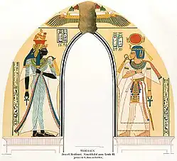 Fresco alrededor de la puerta de TT 359 mostrando a los divinizados Ahmose-Nefertari y Amenhotep I