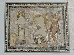 Detalle de la parte central de un mosaico del barrio de los Joyeros que representa a Hermes y Atenea, siglo&nbsp;II a.&nbsp;C.