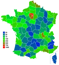 Mapa de Francia de densidad de población por departamentos, las zonas menos densamente pobladas aparecen en azul («Diagonal del vacío»).