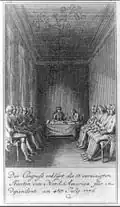 El Congreso declara la independencia de los 13 Estados Unidos de Norte-América el 4 de julio de 1776. Grabado alemán de 1784.