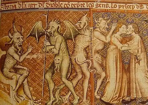 Demonios bajo órdenes de su amo Lucifer, anima a la gente a la lujuria. De Matfre Ermengau en el Breviari d'amor 1288