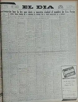 Portada del diario El Día en donde se menciona la inminente sanción de la ley que cambiaría el nombre de La Plata a Eva Perón.
