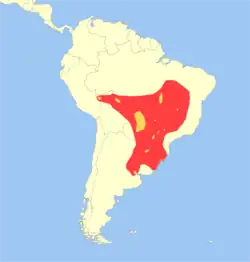 alt=Distribución del ciervo de los pantanos ( Rojo: Extinto, Amarillo: Presente )