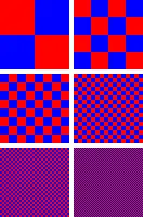 Un ejemplo de tramado. El rojo y el azul son los únicos colores utilizados, pero a medida que los píxeles se hacen más pequeños, el parche parece violeta.