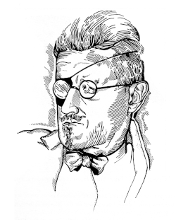 Head and shoulders drawing of a man with a slight moustache and narrow goatee in a jacket, low-collared shirt and bow tie. He wears round glasses and an eye patch over his right eye, attached by a string around his head.