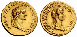 Áureo acuñado en el año 83 en el que aparecen Domiciano y Domicia, aclamada como augusta.