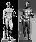 Dos copias del Doríforo de Policleto, c. 445-440&nbsp;a.&nbsp;C. La de la izquierda se conserva en el Museo Arqueológico Nacional de Nápoles. Altura 2,00 m.