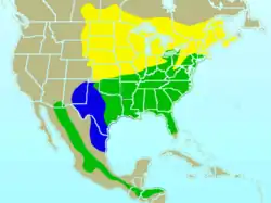 Distribución Amarillo = verano solamente Azul = invierno solamente Verde = todo el año
