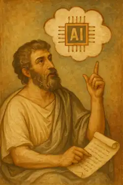 El mismo filósofo señala hacia una nube que contiene el símbolo "AI", fusionando arte clásico con tecnología moderna.