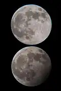 (Alto contraste) Diferencia de la luna 3 horas antes del eclipse (arriba) y durante el máximo (abajo).