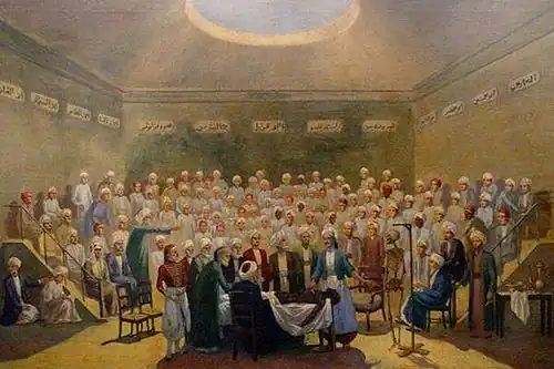 Clot Bey en uniforme del ejército egipcio enseñando la primera lección de anatomía moderna en Abu-Zaabal, el 20 de junio de 1829. A la lección asistieron algunos sheiks (jefes) de la universidad al-Azhar.