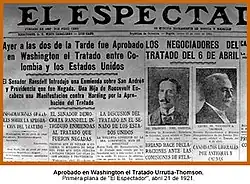 portada del periódico El Espectador donde muestra la aprobación del tratado Urrutia-Thomson.