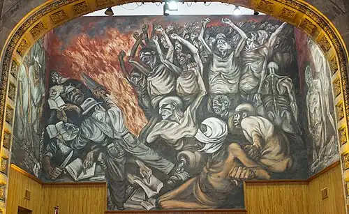 Mural El pueblo y sus falsos líderes en los muros del estrado del Paraninfo Enrique Díaz de León del Museo de las Artes de la Universidad de Guadalajara en Guadalajara, Jalisco.