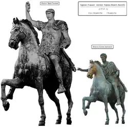 Comparación del posible aspecto y dimensiones de la desaparecida estatua ecuestre de Trajano[26]​ con la estatua ecuestre de Marco Aurelio.