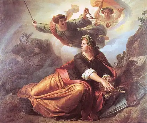 Erwachende Germania (Alemania despierta) de Christian Köhler, 1849: Los genios de la justicia y la libertad se le aparecen, mientras que la esclavitud y la discordia se sumergen en el abismo.[12]​