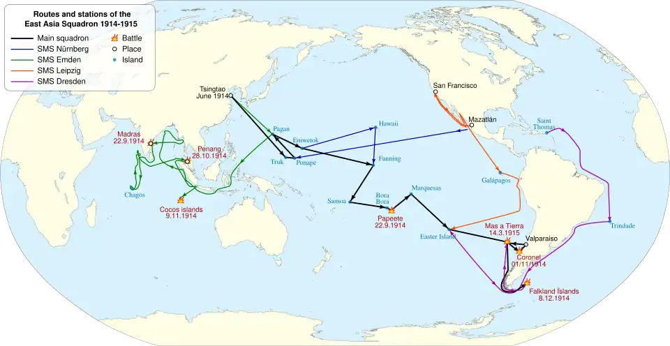 Un mapa de los océanos Pacífico y Atlántico, que muestra la ruta de los barcos; el Dresden navegó desde el Caribe rodeando América del Sur al Pacífico