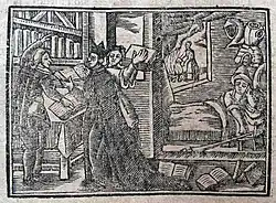 Grabado en madera de la edición de 1741, donde se representan la habitación donde duerme Don Quijote al mismo tiempo que en otra se realiza el "escrutinio".