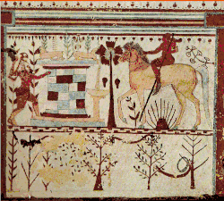 Troilo emboscado por Aquiles en un fresco etrusco (siglo VI a. C.).