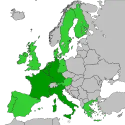 &nbsp;&nbsp;&nbsp;&nbsp;&nbsp;Estados fundadores &nbsp;&nbsp;&nbsp;&nbsp;&nbsp;Estados que se unieron en los años 1970, 1980 y 1990.