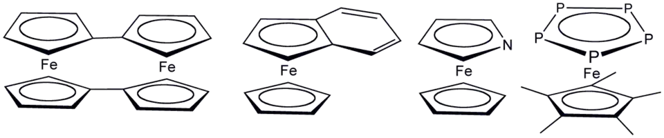 Varios derivados del ferroceno donde el ciclopentadienilo ha sido reemplazado por ligandos parecidos.