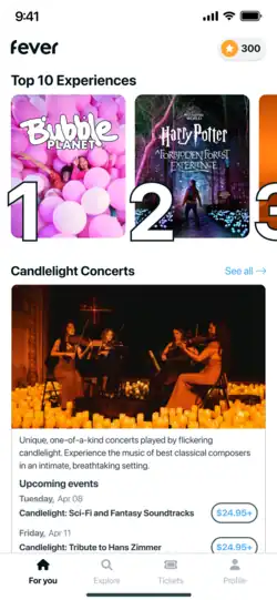 Imagen de la página principal en la verisón iOS de la aplicación móvil de Fever