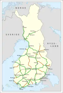 Red ferroviaria de Finlandia en 2010. &nbsp;&nbsp;&nbsp;&nbsp;&nbsp;Tráfico de pasajeros y cargas &nbsp;&nbsp;&nbsp;&nbsp;&nbsp;Tráfico de cargas solamente &nbsp;&nbsp;&nbsp;&nbsp;&nbsp;Tramos inactivos &nbsp;&nbsp;&nbsp;&nbsp;&nbsp;Ferrocarril histórico de Porvoo