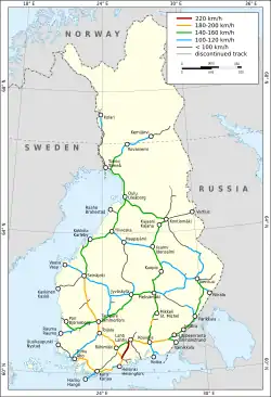 Velocidades de marcha en la red ferroviaria finlandesa en el 2011.