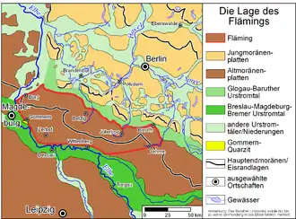 Mapa geológico, el reborde rojo marca la región de Fläming