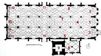 San Martín de Lauingen (artículo alemán) a orillas del Danubio, tres naves iguales