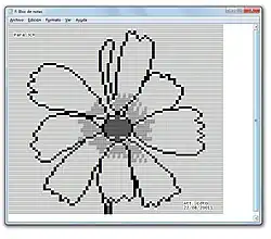 Imagen de una flor usando caracteres ASCII en un bloc de notas.