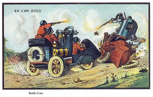 Automobiles de guerre (Automobiles de guerra), litografía a color de la colección de postales futuristas En l'an&nbsp;2000 (En el año&nbsp;2000, 1910).