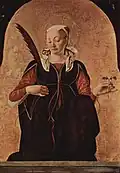 Santa Lucía, patrona de la vista por haber sido martirizada sacándole los ojos, los muestra elegantemente como parte de una flor. Francesco del Cossa.