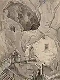 Gruta del castillo de Predjama, tinta china de Franz Kurz zum Thurn & Goldenstein, 1850