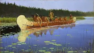 Obra de Frederic Remington (1905) publicada en Collier's Magazine en 1906. De pie, Radisson como líder de la expedición a los Grandes Lagos de 1659-1660 ; Des Groseilliers está sentado a su lado.