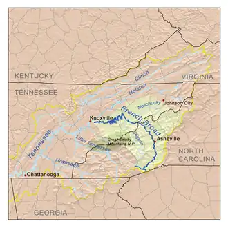 Mapa del río French Broad —la otra fuente del Tennessee— que fluye por el este del estado.