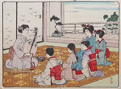 Ilustración de un manual para tocar el gekkin, por Nagahara Baien, 1889