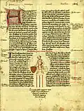 Genealogia regum Navarrae et Aragoniae et comitum Barchinonae (1376) La miniatura representa al padre de Wifredo el Velloso con su escudo de armas, de oro cuatro palos de gules.