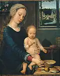 Virgen y el Niño con las sopas de leche, de Gerard David, 1510-1515, Musei di Strada Nuova. El mismo pintor realizó varias réplicas del tema (descripción de la fechada ca. 1520, Musées Royaux des Beaux-Arts).