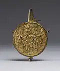 Matraz de cobre dorado alemán para la preparación de polvo con muelle y La justicia de Trajano, 1530-1550