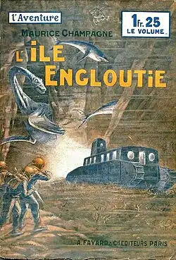 Exploradores submarinos y un fósil viviente en la portada de L'Île engloutie (La isla sumergida, 1929), de Maurice Champagne.