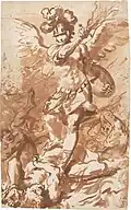 "San Miguel Arcángel". Aguada parda dada con pincel sobre trazos de lápiz negro, sobre papel agarbanzado muy fuerte, 387 × 237 mm, 1725 (c.). Legado Fernández Durán