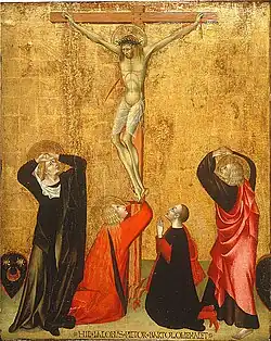 Crucifixión de Giovanni di Paolo con el donante Jacopo di Bartolomeo, identificado en la inscripción y en su escudo (a la izquierda)