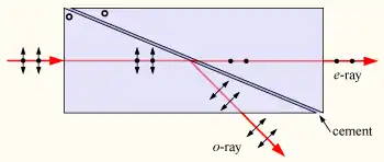 El prisma de Glan-Thompson desvia el rayo ordinario polarizado "p" y transmite el rayo extraordinario polarizado "s". Las dos mitades del prisma están unidas por un cemento óptico, y los ejes de los cristales son perpendiculares a los planos del diagrama. El rayo rojo más bajo saliendo el prisma bajo refracción, el cual no es mostrado en el diagrama.