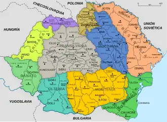 Regiones históricas de la Gran Rumanía, Moldavia en azul.