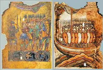 La milicia de Guérande frente a los vikingos en 919 - en: «Vie de Saint Aubin», manuscrito del siglo&nbsp;XI de la abadía de Angers, BNF