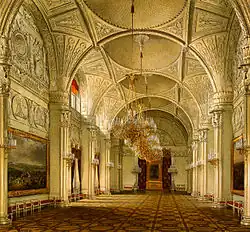 Lienzo de Eduard Hau, Interior del palacio de Invierno. El Salón de Alejandro. 1861.