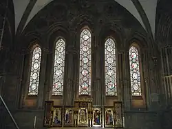 Ventanas lanceoladas en la Capilla de la Dama de la Catedral de Hereford, Herefordshire, Inglaterra