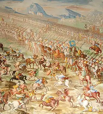 Detalle de La batalla de la Higueruela, de Fabrizio Castello, Niccolò Granello y Lazzaro Tavarone, en la Sala de las Batallas de El Escorial (ca. 1585).